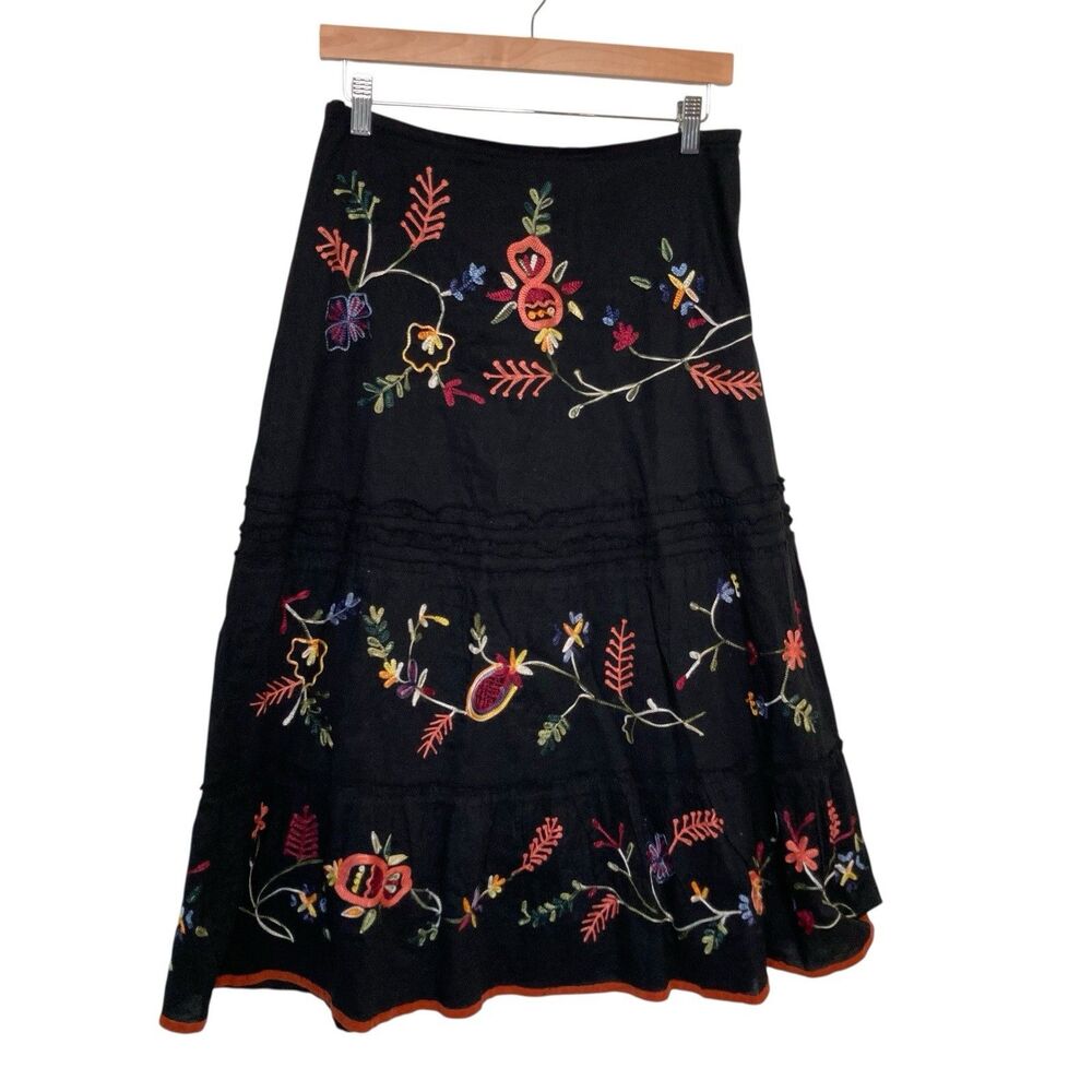 Mix Nouveau Skirt Womens Size 6 Black Tiered Floral Embroidered Boho Vintage